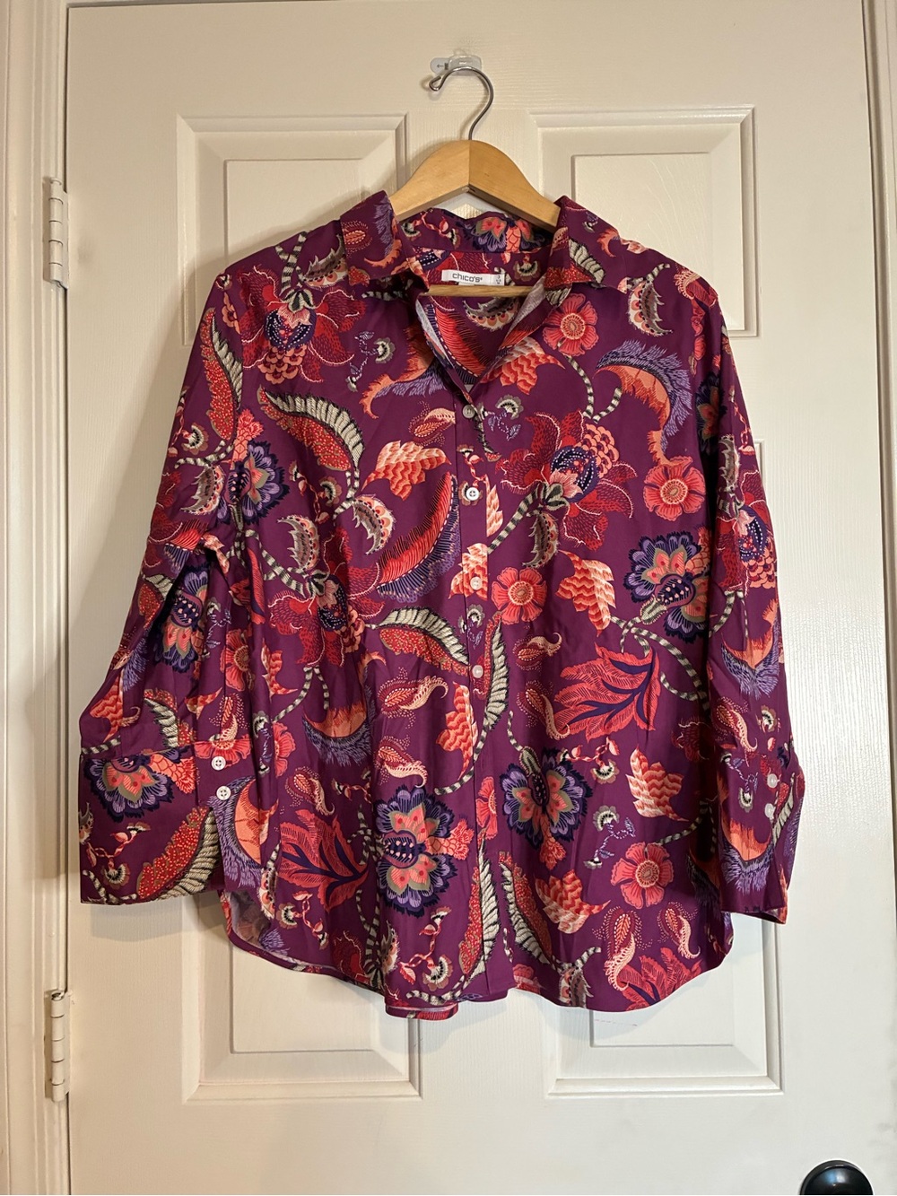 Chico's Purple Floral Button-Down with Red & Pink Botanical Print